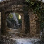 Ruins of an old stone mission overgrown with ivy—arched passageway leading deeper into shadow