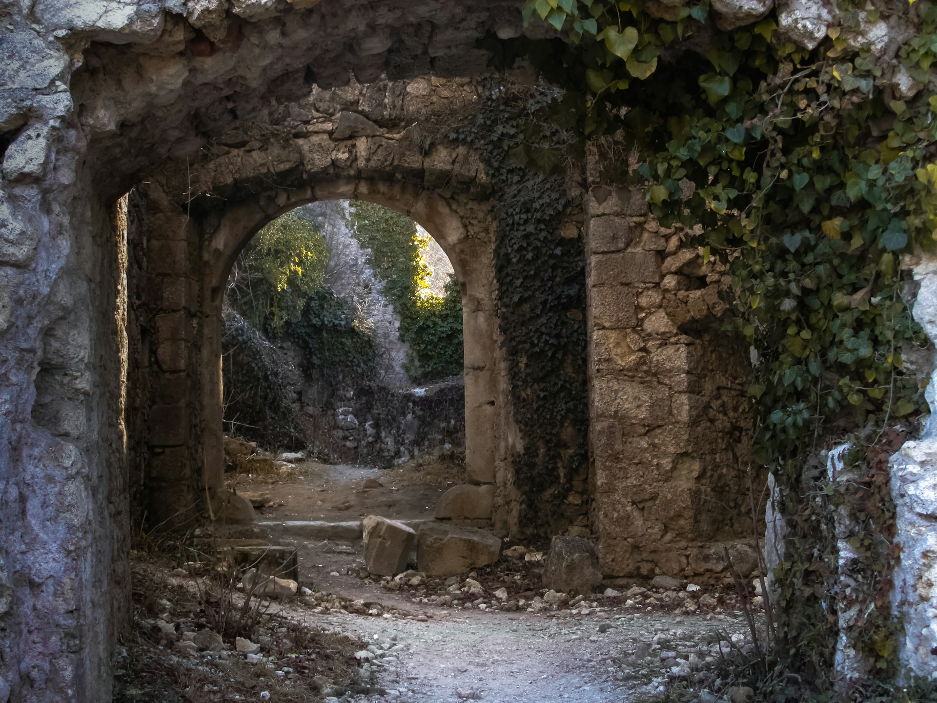 Ruins of an old stone mission overgrown with ivy—arched passageway leading deeper into shadow